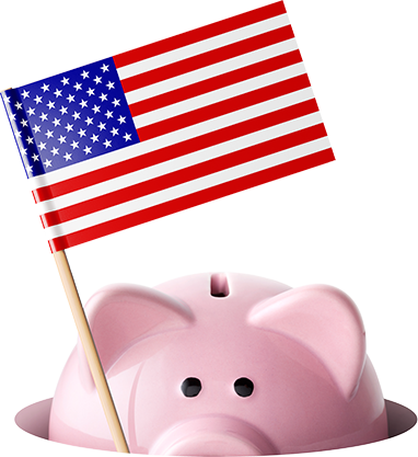 Piggy bank inside a hole holding American flag